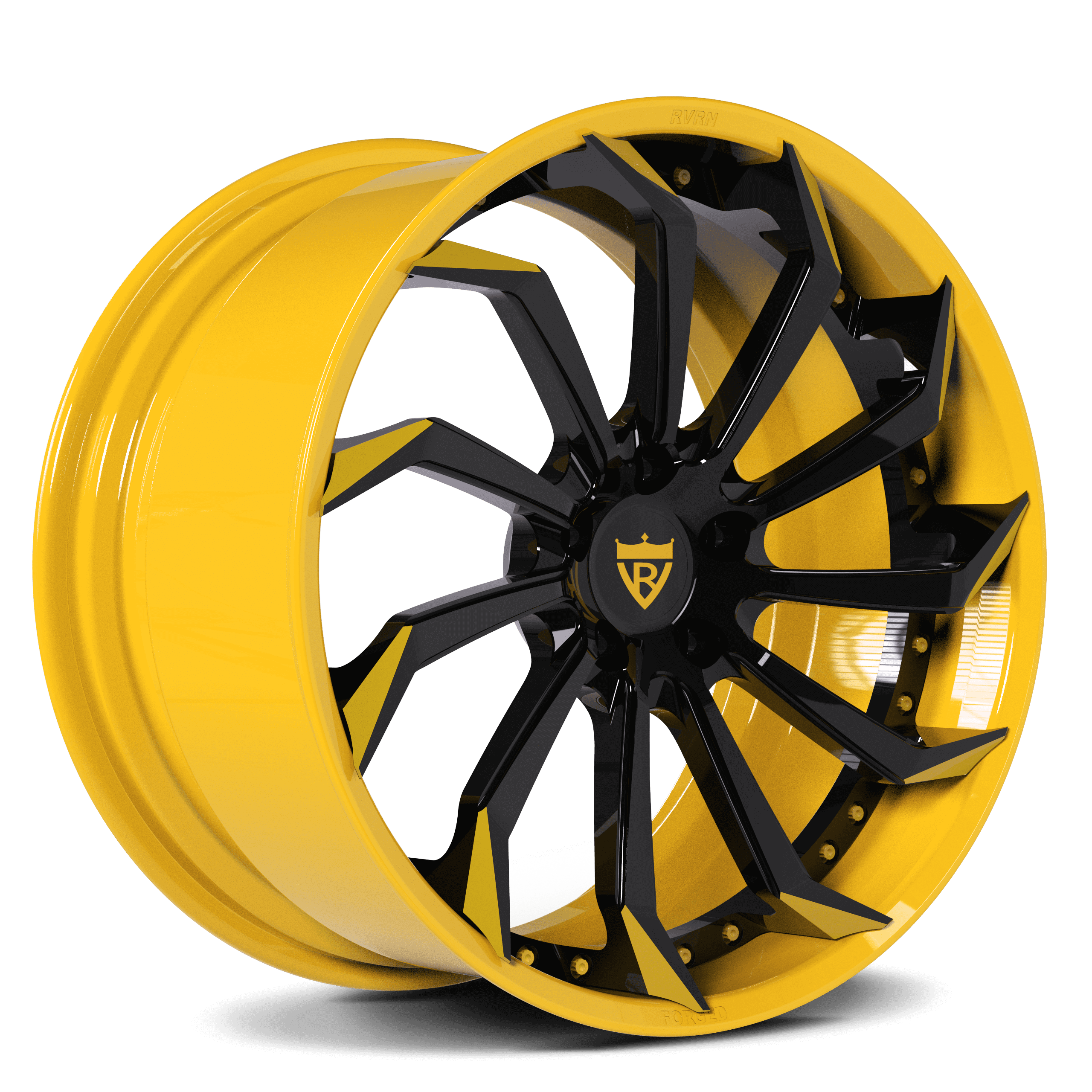 Custom forged 2-piece wheels for Corvette, aggressive style, 19-inch staggered fitment available, yellow and black design, free shipping