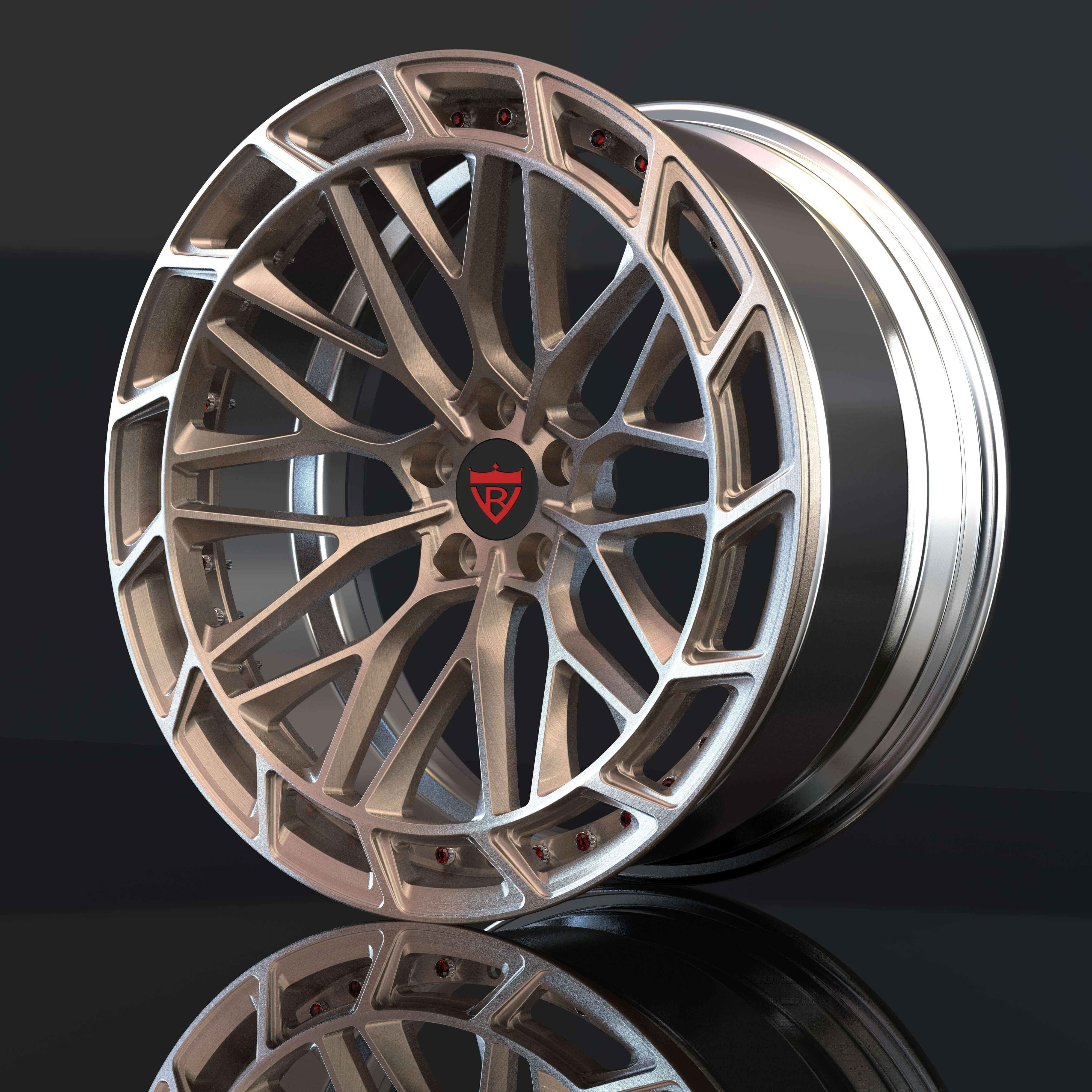 Custom forged 6 lug rim with shiny crystal screws for Dodge Dakota R/T wheels available in 17-26 inches, reflecting light against a dark background.