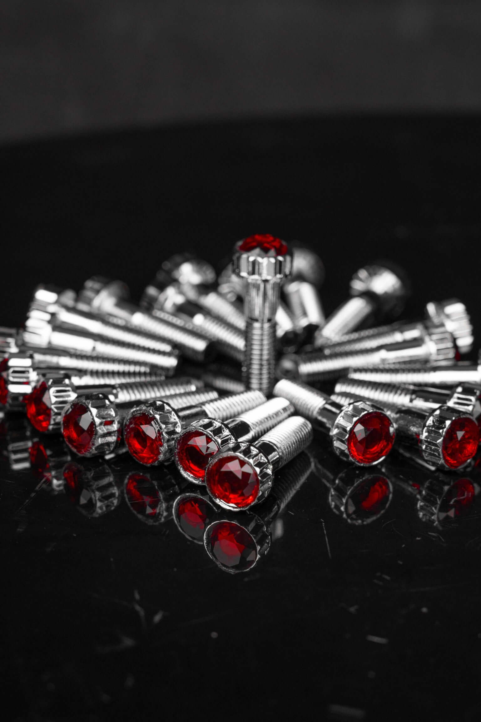 Crystal Shiny Screws with red rhinestones for Dodge Dakota R/T wheels, custom 6 lug rims, and custom-forged rims 17-26 inches