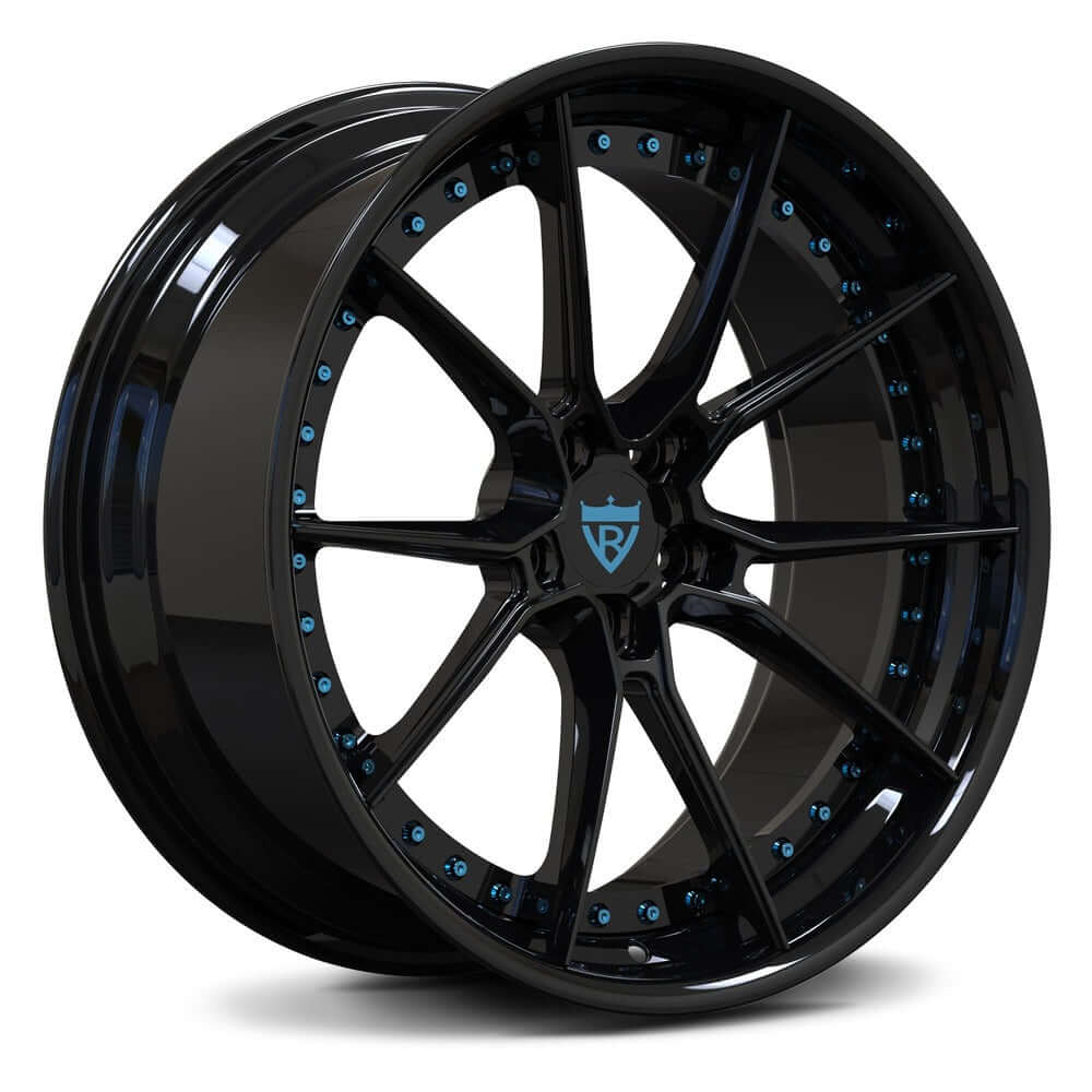Aston Martin luxury car wheels with 10 spoke design in glossy black and blue for superior shine