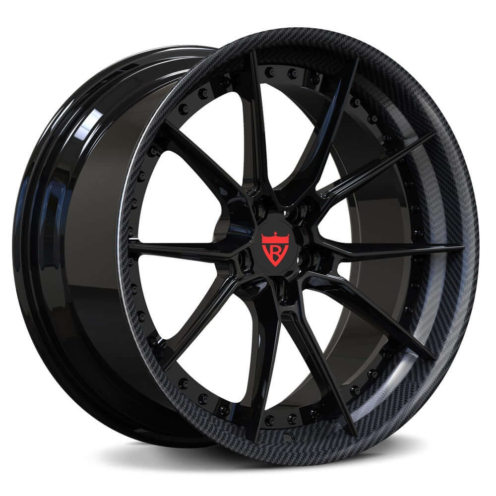 Luxury car wheels with a sleek black and carbon fiber finish for Aston Martin-RVRN Wheels-Custom Forged 2-Piece RV-DB082