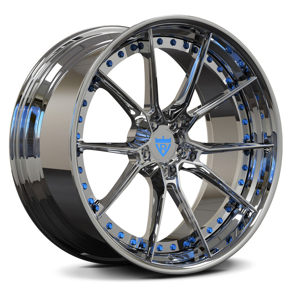 Chrome spokes with Tesla Blue barrel on RVRN RV-DB082 forged wheels