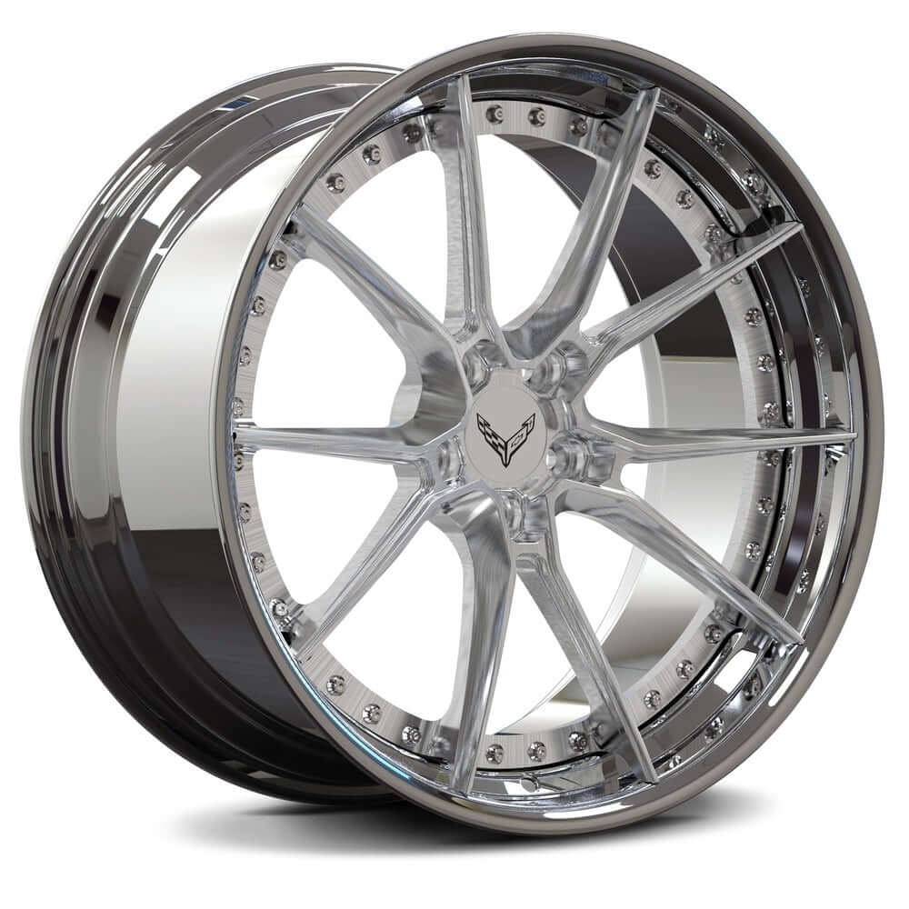 Brushed Aluminum and chrome custom RVRN forged wheels for Corvette C7 – 10-spoke clean style