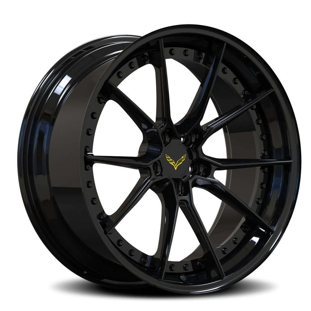 All gloss black with yellow Corvette Emblem logo on the caps, RVRN custom forged 10-spoke wheels luxury for Corvette upgrades