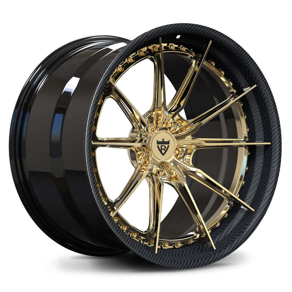 Stealth black RVRN wheels with gold accents, carbon fiber wrapped lip – forged 2-piece track dominance
