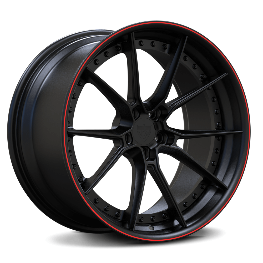 Matte black RVRN 2-piece wheels with red accents – track-ready RV-DB082