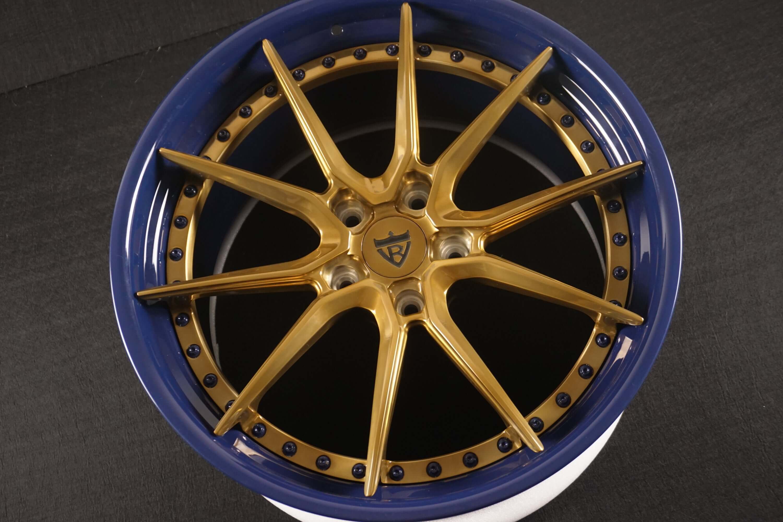 21x11 forged rear wheel with bespoke Martin Blue finish by RVRN Wheels
