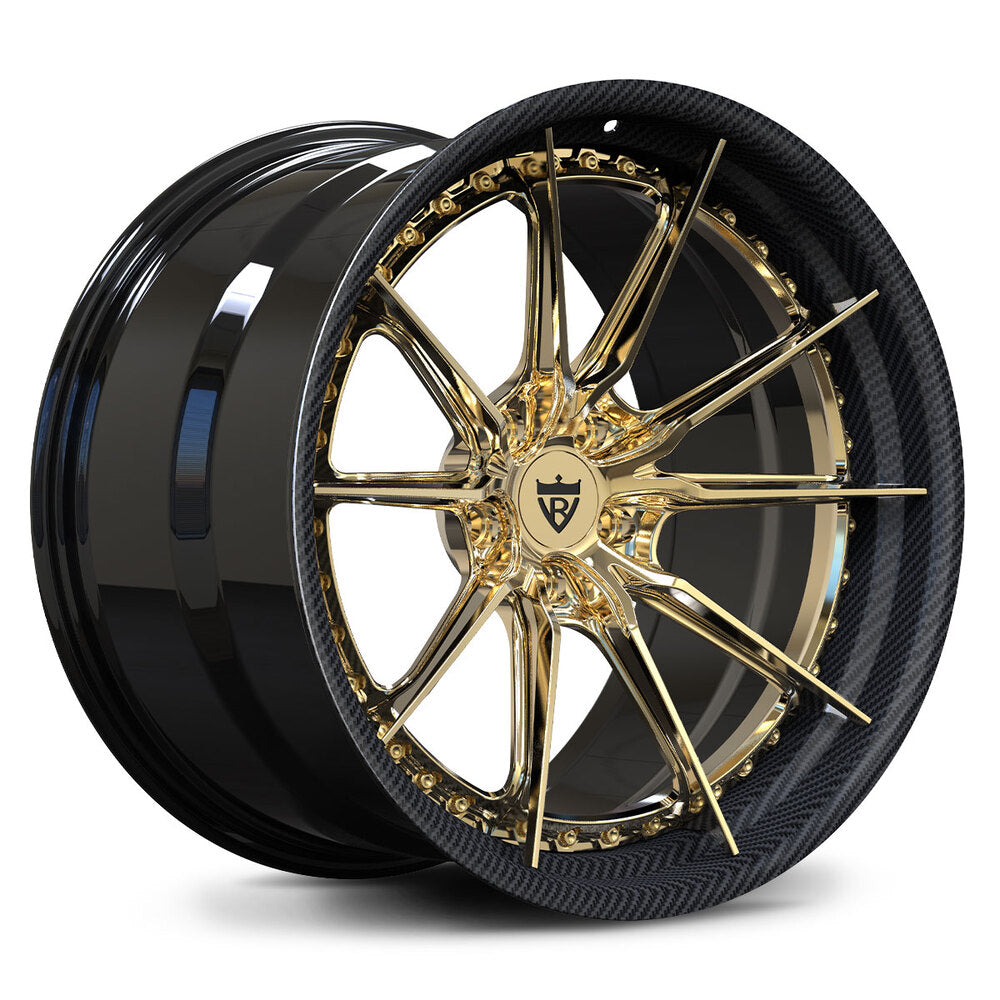 Polished Frozen Gold RV-DB082 wheels with carbon fiber wrapped lip – Tesla Model S performance upgrade