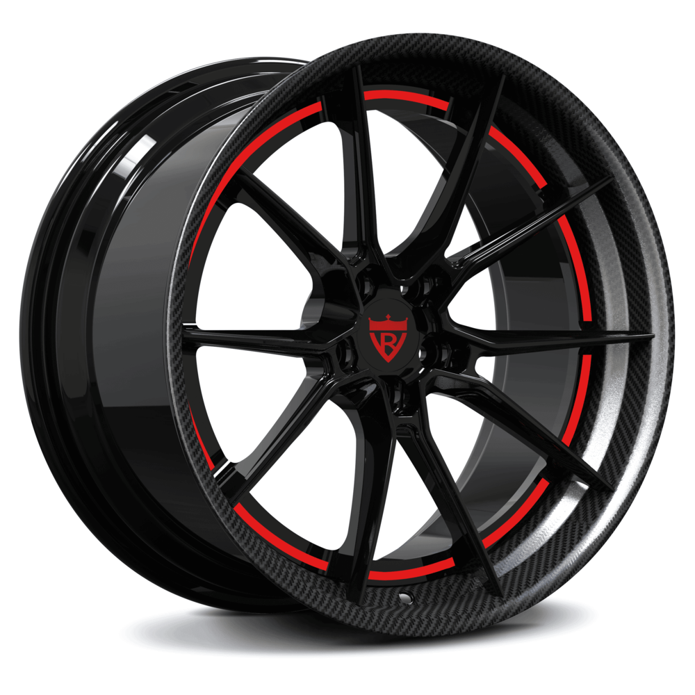 Red and Black custom wheels with carbon fiber wrapped lip, custom forged two piece rims for luxury cars