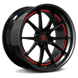 Red and Black custom wheels with carbon fiber wrapped lip, custom forged two piece rims for luxury cars