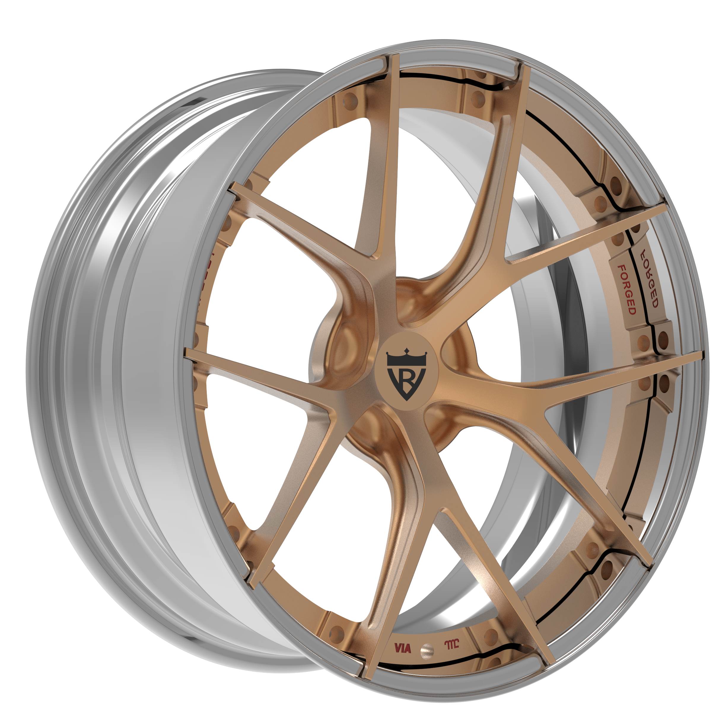 Custom 2-piece forged wheel series RV-DB189 in bronze and silver finish, perfect for BMW M4 and more.