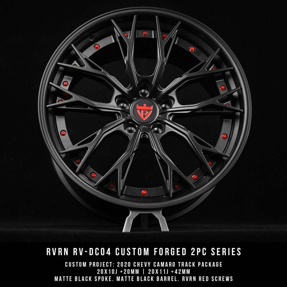 Custom forged RV-DC04 wheels for 2020 Chevy Camaro, featuring matte black spokes and red accents for added style.