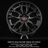 Custom forged RV-DC04 wheels for 2020 Chevy Camaro, featuring matte black spokes and red accents for added style.
