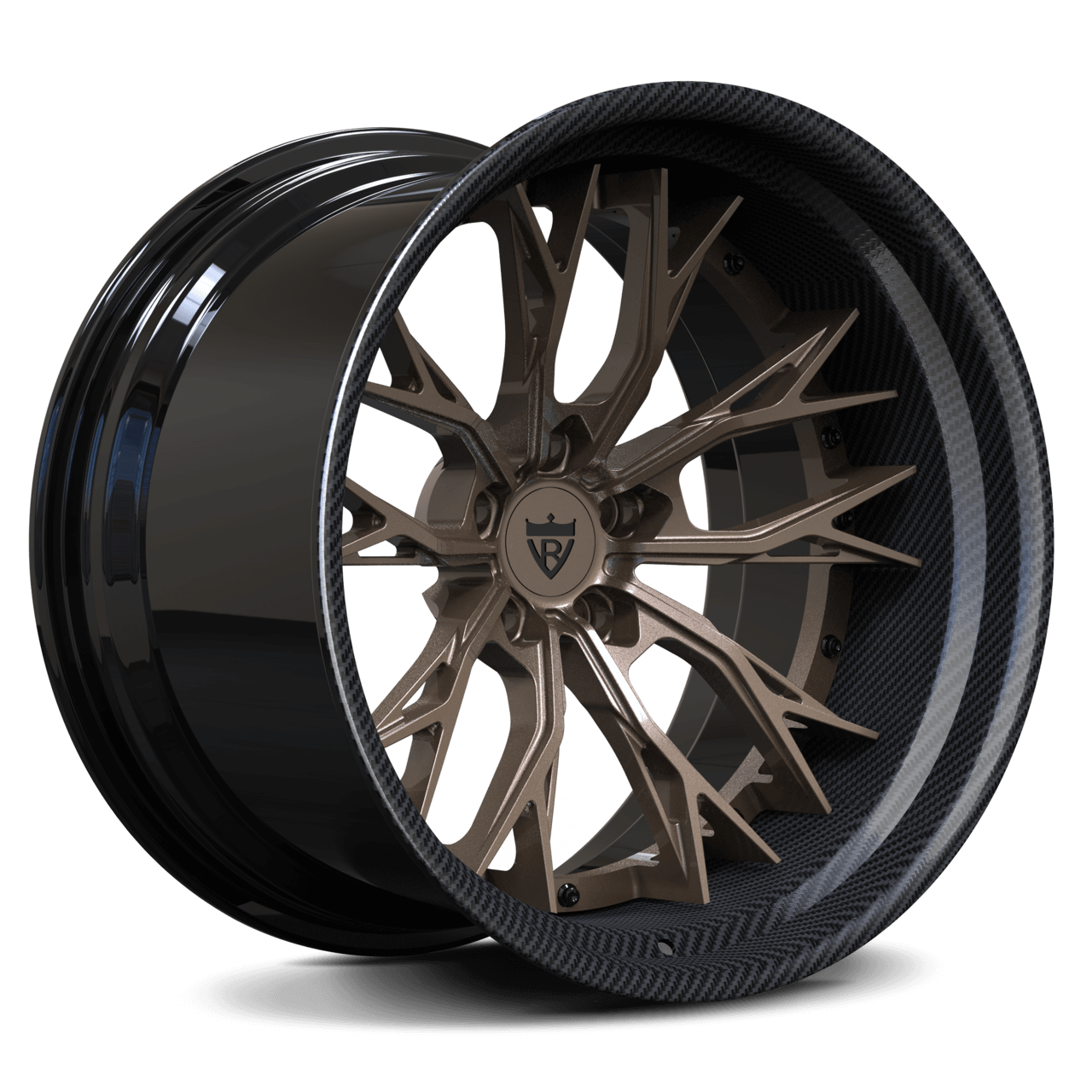Bronze custom forged RV-DC04 deep concave wheel by RVRN Wheels for Corvette C8 Z06, machined from 6061-T6 aluminum alloy with unique design.