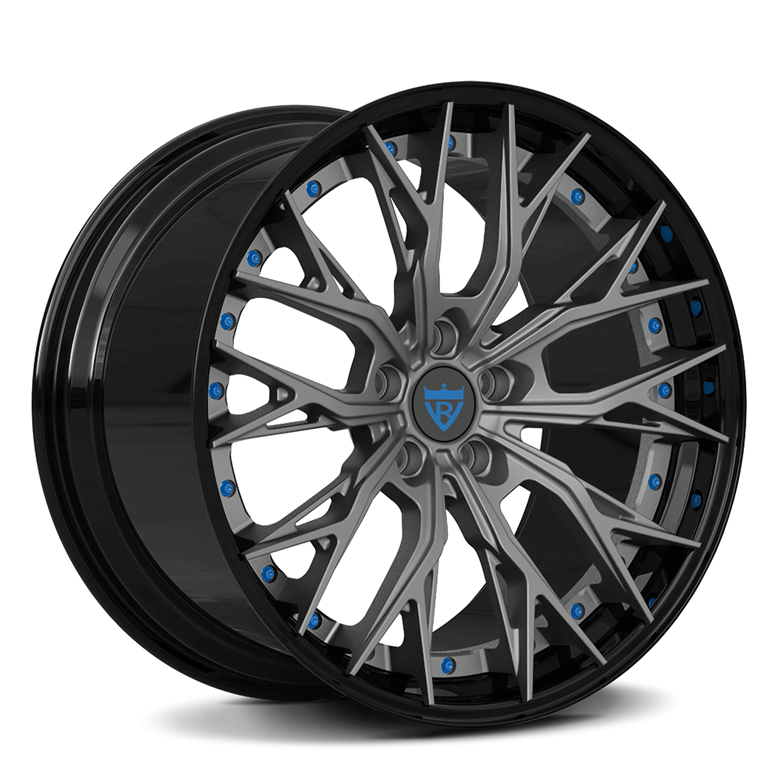 Custom forged 2-piece wheels RV-DC04, designed for Corvette C8 and other vehicles, showcasing a sleek black and gray finish.
