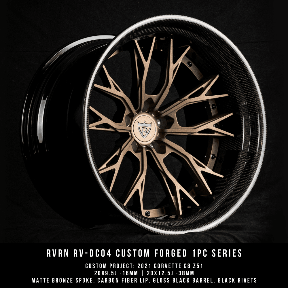 Corvette C8 Z51 Widebody Custom Wheels, deep dish and concave style with a bronze face and carbon fiber wrapped lip, custom forged 2-piece rims series RVRN RV-DC04 Series