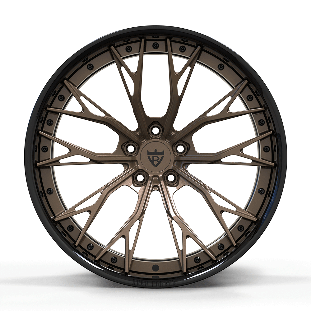 Custom forged 2-piece concave wheel in bronze finish, featuring deep concavity and sleek design for C8 Corvette.