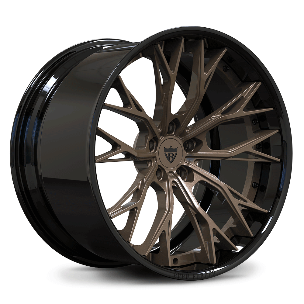 Custom forged 2-piece concave wheels in bronze with black accents, ideal for C8 Corvette and deep concave designs.