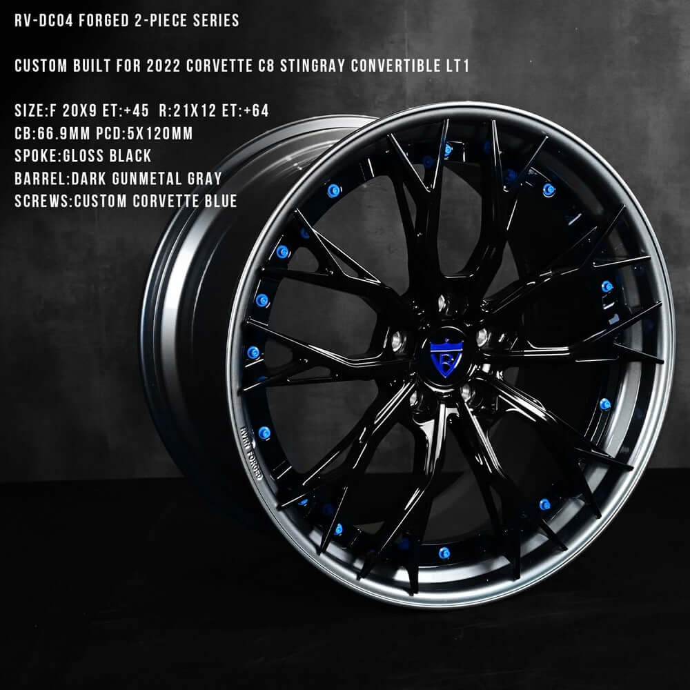 Custom forged RV-DC04 2-piece wheels for 2022 Corvette C8, featuring dark gunmetal gray and custom Corvette blue accents.