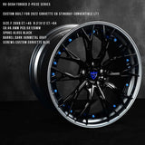 Custom forged RV-DC04 2-piece wheels for 2022 Corvette C8, featuring dark gunmetal gray and custom Corvette blue accents.