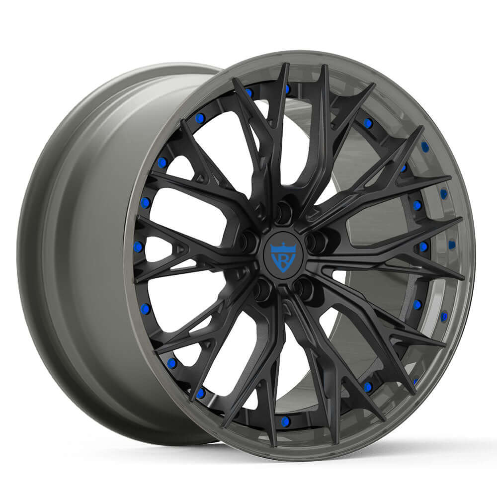 Custom forged 2-piece wheel RV-DC04 in black and blue for Corvette C8 and other vehicles.