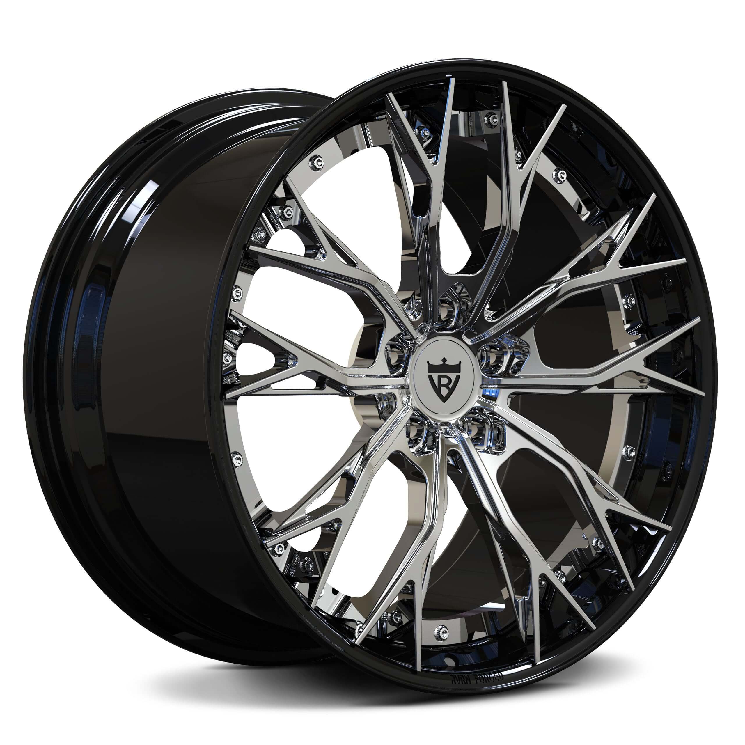 Custom forged RV-DC04 wheels with a chrome and black finish, designed for performance and style in various vehicles.