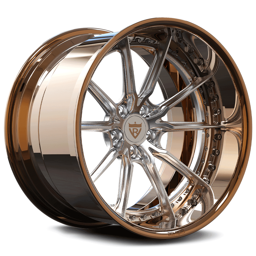 Custom forged RV-DC05 deep dish wheel in rose gold and chrome finish, designed for trucks, SUVs, and sports cars, 17"-26" sizes available