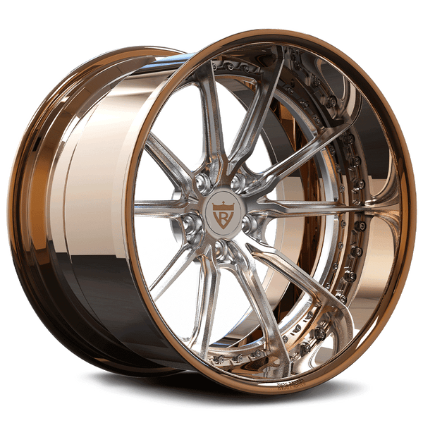 Custom forged RV-DC05 deep dish wheel in rose gold and chrome finish, designed for trucks, SUVs, and sports cars, 17"-26" sizes available