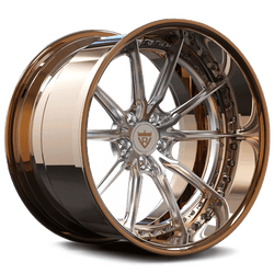 Custom forged RV-DC05 deep dish wheel in rose gold and chrome finish, designed for trucks, SUVs, and sports cars, 17
