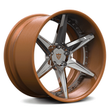 Custom forged RV-DC19 2-piece wheels for Dodge Charger Challenger Hellcat in bronze and chrome finish, 17"-26", custom 5 lug rims, 6061-T6 aluminum, super concave design