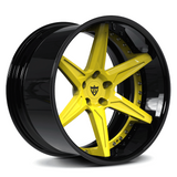 Custom forged 2-piece RV-DC19 wheels with vibrant yellow spokes and black rim for Dodge Charger Challenger Hellcat Redeye, 17"-26" 5-lug rims