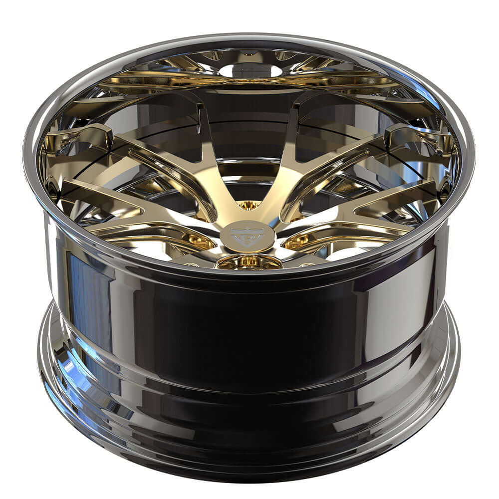 Custom forged 2-piece deep dish wheel in shiny gold and chrome finish, ideal for Silverado 1500 and trucks.