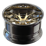 Custom forged 2-piece deep dish wheel in shiny gold and chrome finish, ideal for Silverado 1500 and trucks.