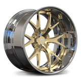 Custom forged RV-DC23 2-piece deep dish truck wheel in shiny polished aluminum and gold finish for 6-lug vehicles.