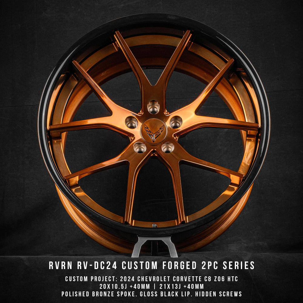 Custom forged 2-piece RV-DC24 wheel for Corvette C8, polished bronze spoke, gloss black lip, designed for 2024 Chevy Z06 HTC.