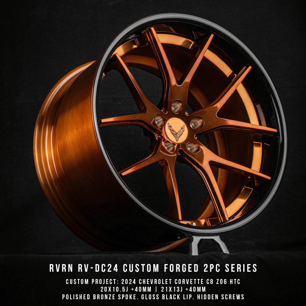 Custom Forged RV-DC24 Corvette C8 Wheels, Polished Bronze, Gloss Black Lip, Concave Rims, Aerospace-grade Aluminum