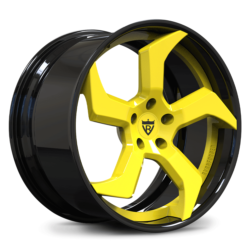 Corvette C8 Custom Forged 5-Spoke Wheels - RV-DC25 Series in Accelerate Yellow and Black-Custom 2-Piece 20x9, 21x11 size.