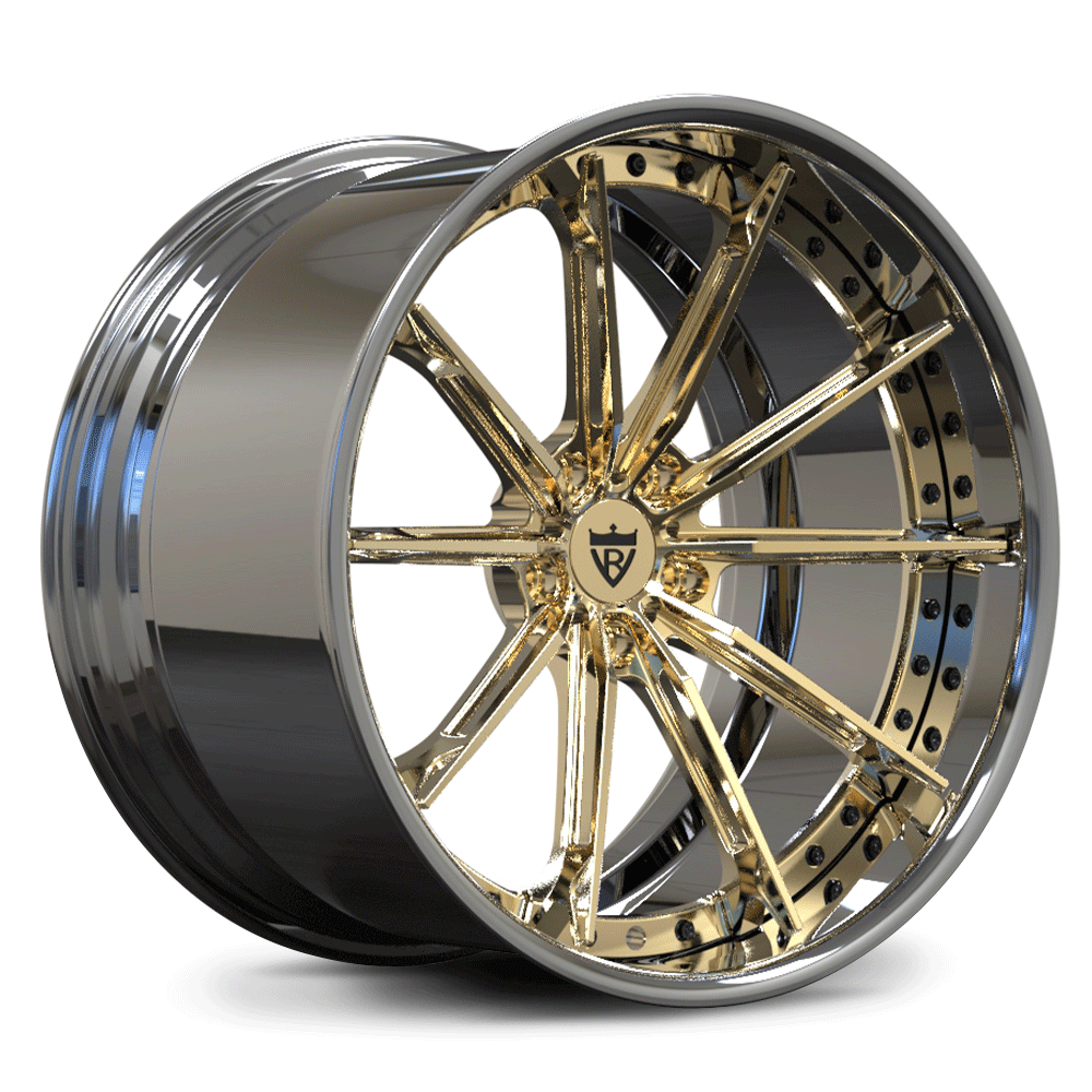 Custom forged 2-piece concave wheel with chrome and gold finish, ideal for Corvette C8 and luxury vehicles.