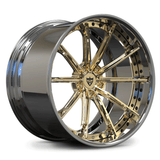 Custom forged 2-piece concave wheel with chrome and gold finish, ideal for Corvette C8 and luxury vehicles.