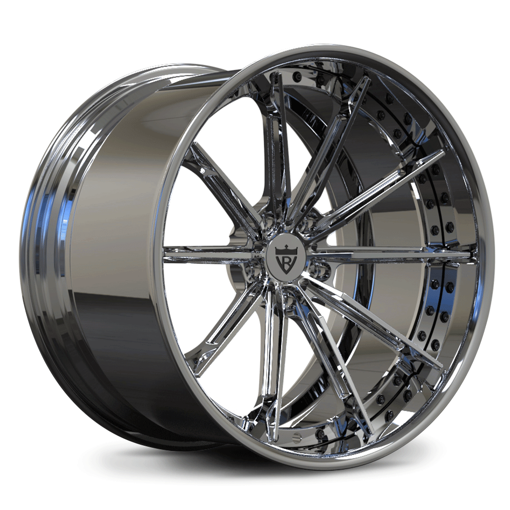 Custom forged 2-piece wheels RV-DC29 in chrome finish for Corvette C8, featuring a concave design.