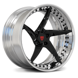 Custom forged 2-piece 5 spoke concave wheels in black and polished finish for Corvette C8 aftermarket upgrades.