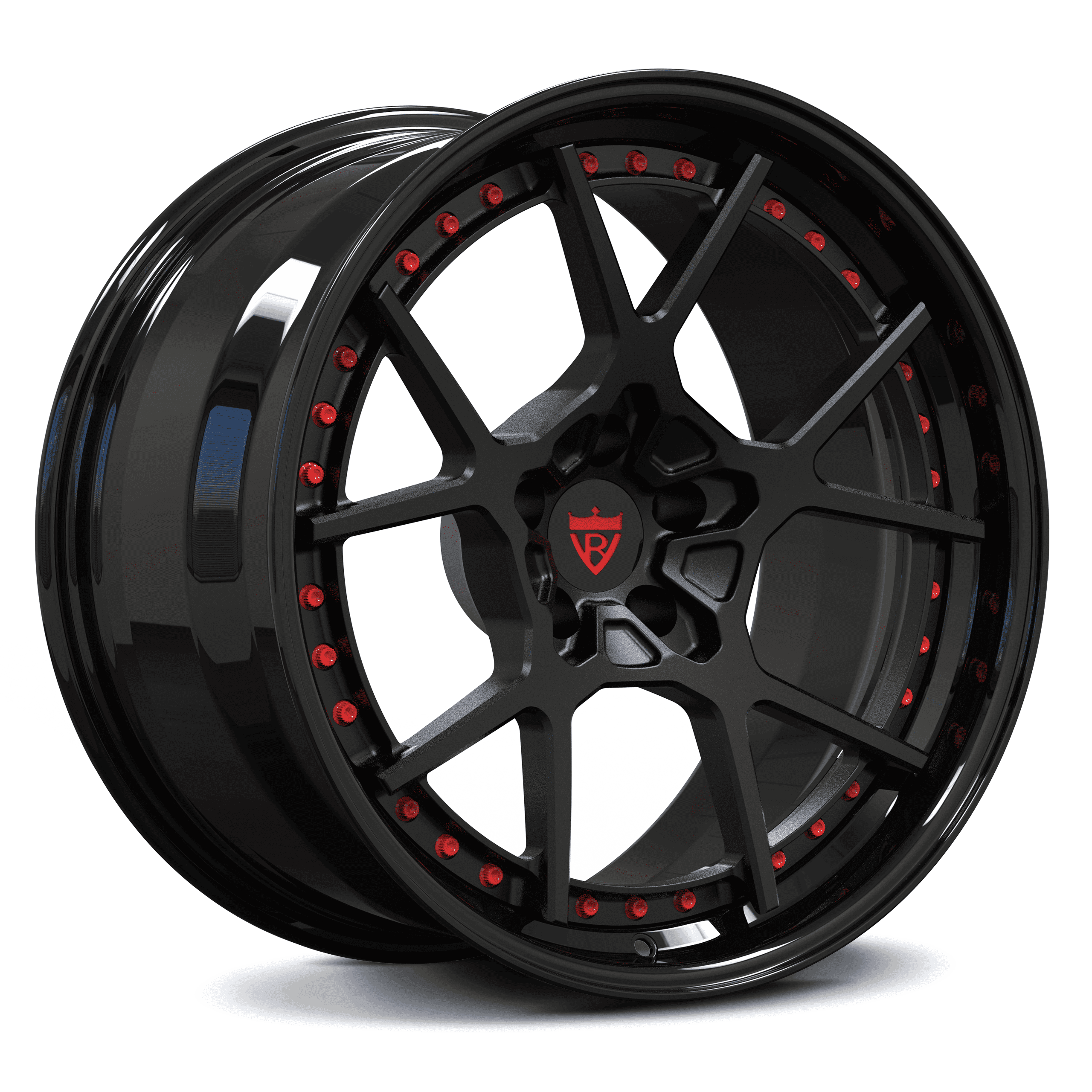 Custom forged 2-piece wheels RV-DF04 for Dodge Dakota R/T, 17"-26" black with red accents, 6 lug rims, OEM TPMS and lug compatible