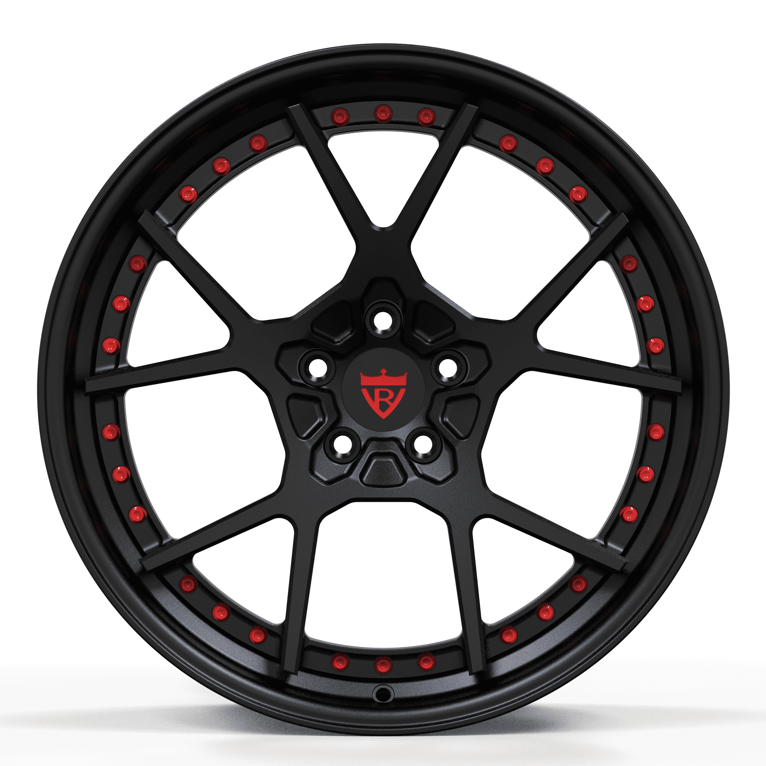 Custom-forged 2-piece wheel RV-DF04 in black with red accents, 17"-26" sizes available, compatible with Dodge Dakota R/T, 6 lug and OEM TPMS.