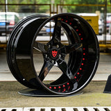 Red and black classic 5 spoke wheels with custom deep dish finish, custom buit for Cadillac CTS-V