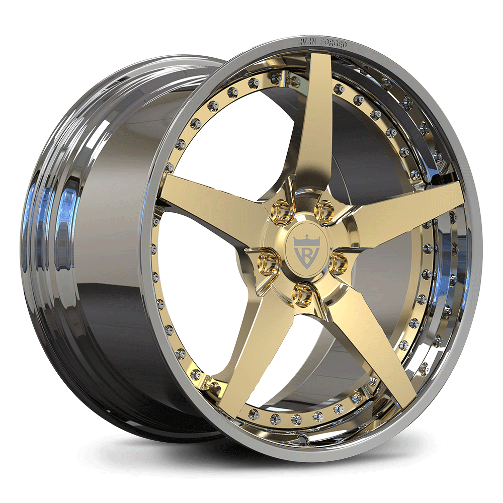 Gold and chrome rims for Corvette C8, custom forged 2-piece 5 spoke wheels RV-DF14 Series