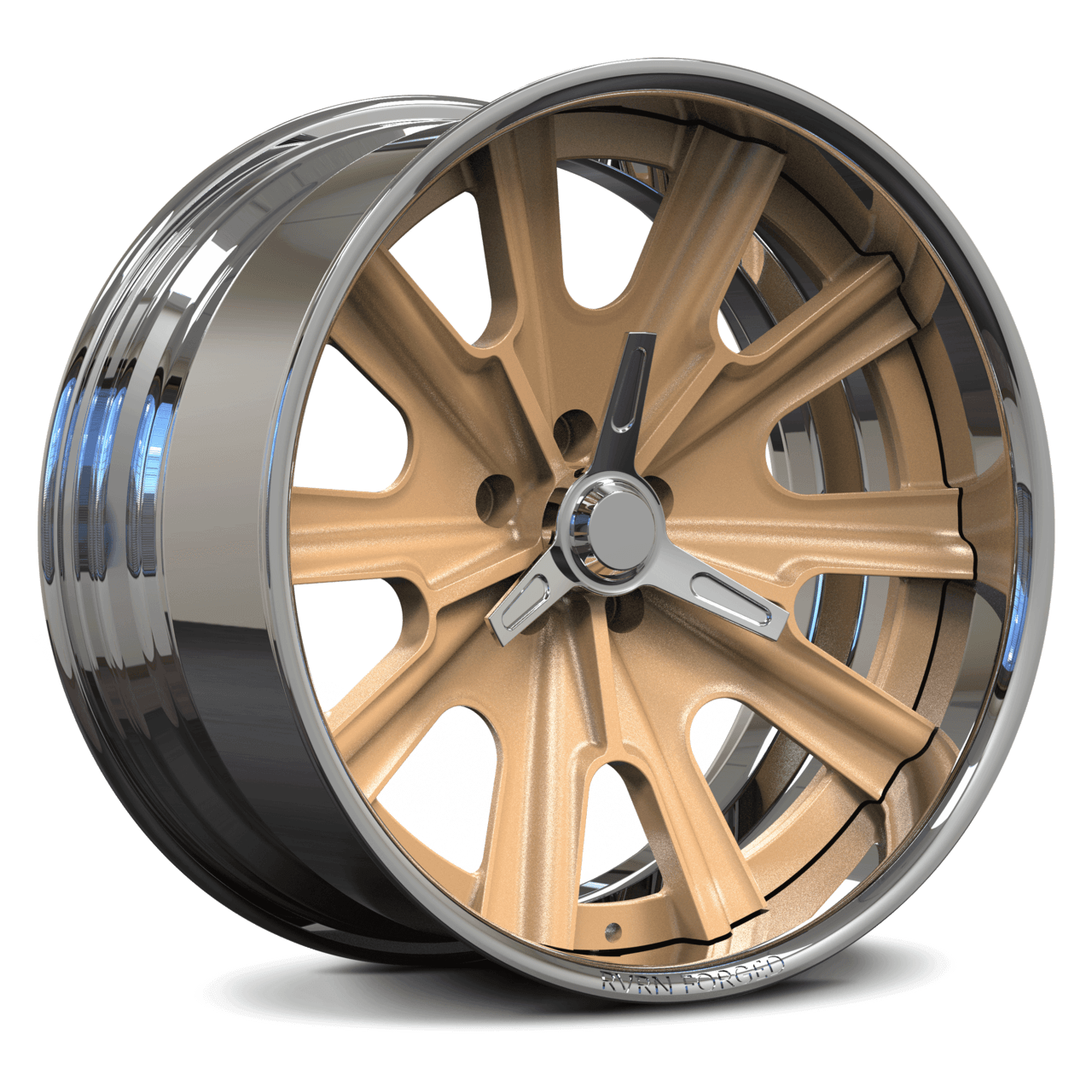 Custom forged bronze 2-piece wheel for 1967 Ford Mustang GT, RV-DF67 by RVRN Wheels, aerospace-grade forged 6061-T6 aluminum alloy.