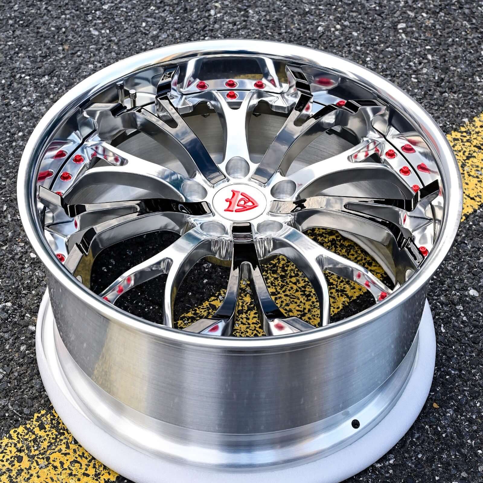 Custom forged 2-piece chrome wheel with deep lip design, ideal for Corvette C8 and performance vehicles.