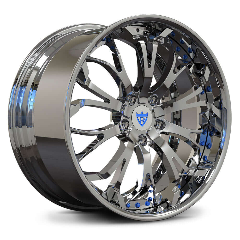 Custom forged 2-piece chrome wheel with intricate design and blue accents, ideal for Corvette C8 deep lip rims.
