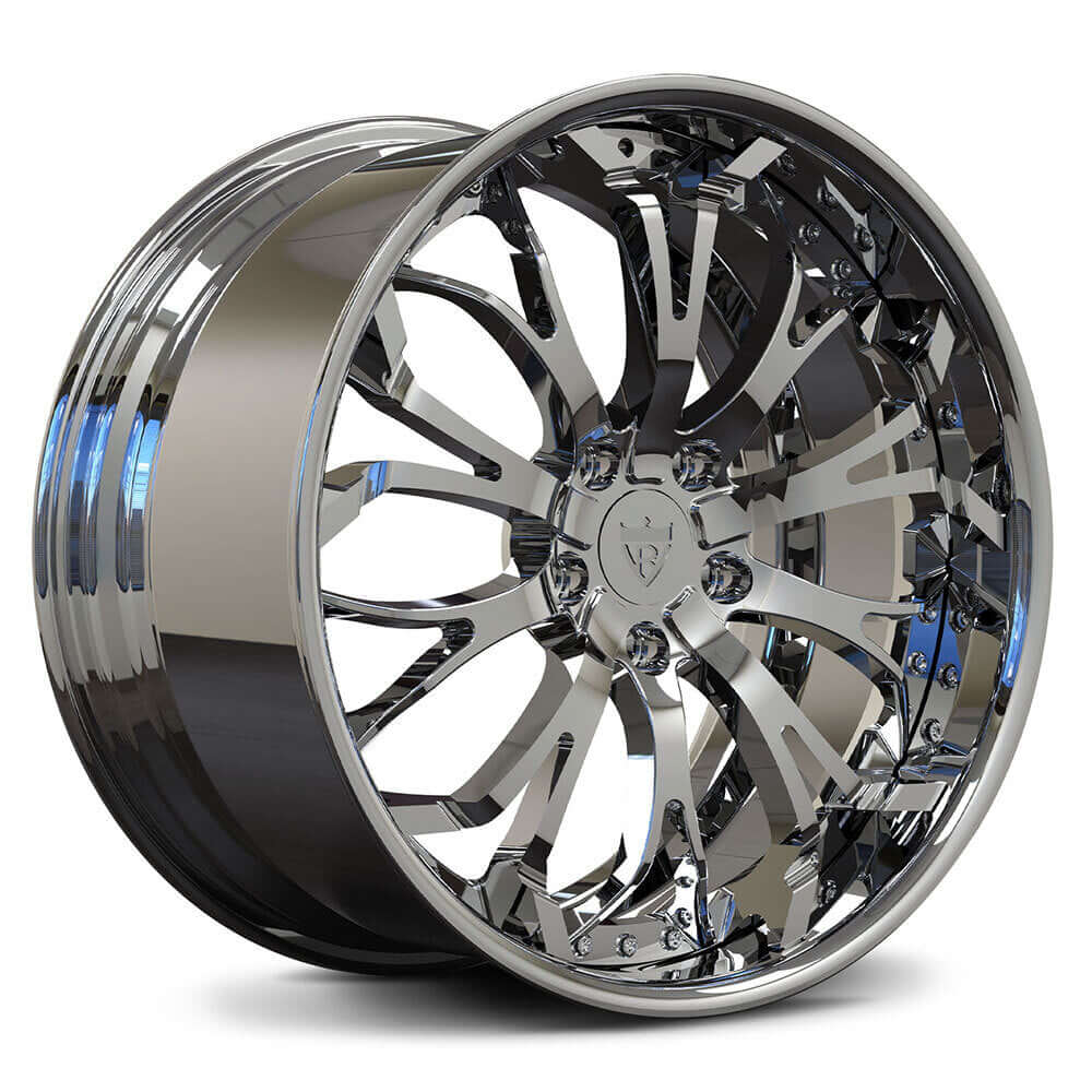 Custom forged chrome 2-piece wheel, designed for Corvette C8, featuring a deep lip and intricate design.