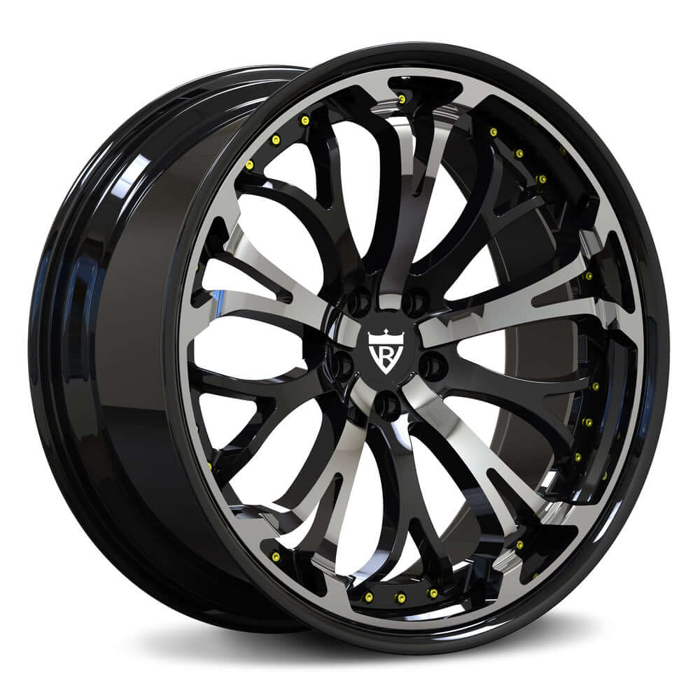 Custom forged 2-piece wheels in black and chrome finish, featuring deep lip design, ideal for Corvette C8 and other vehicles.